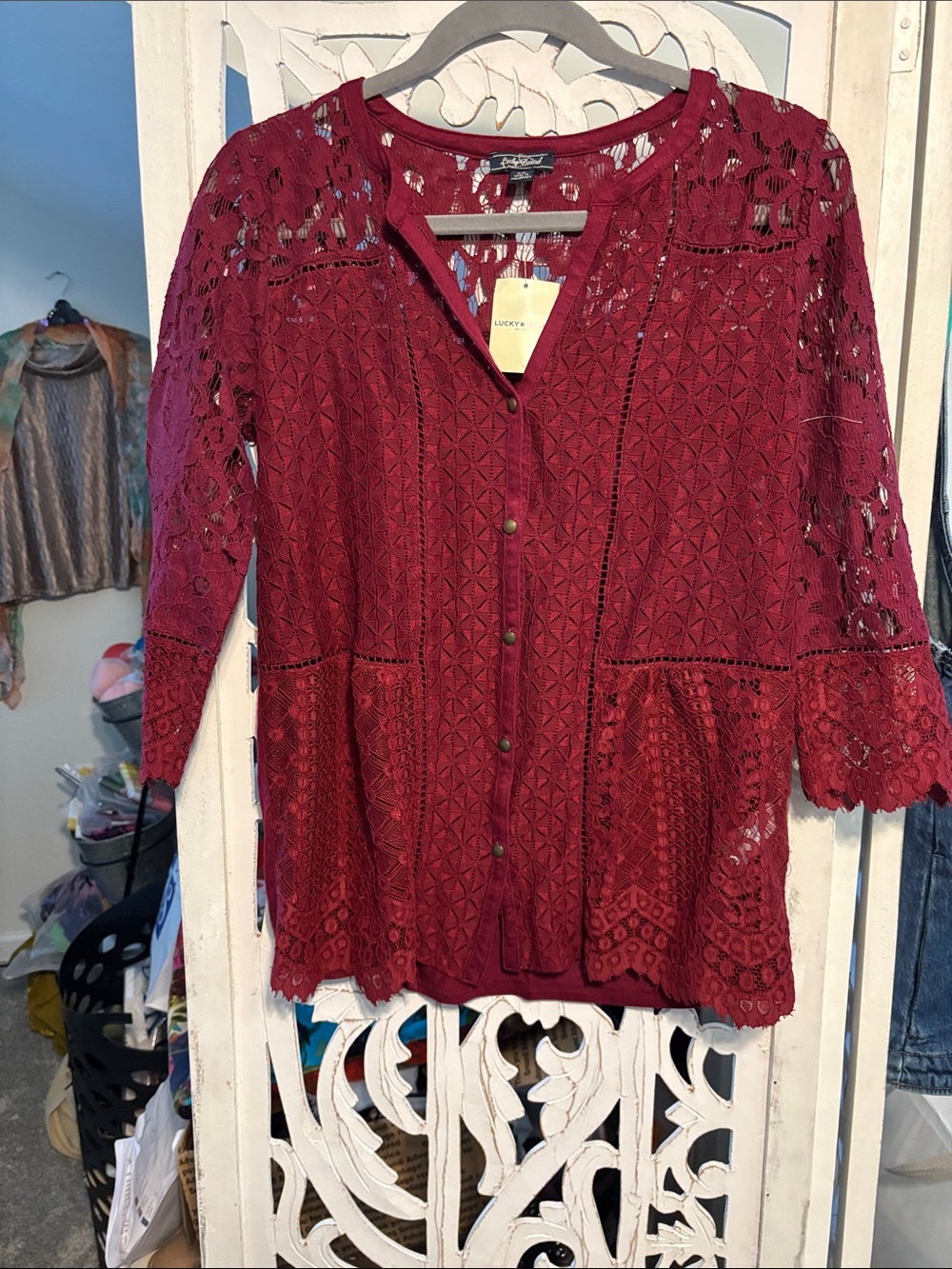 Lucky Brand Women's Wine Crochet Lace Button-Front Blouse